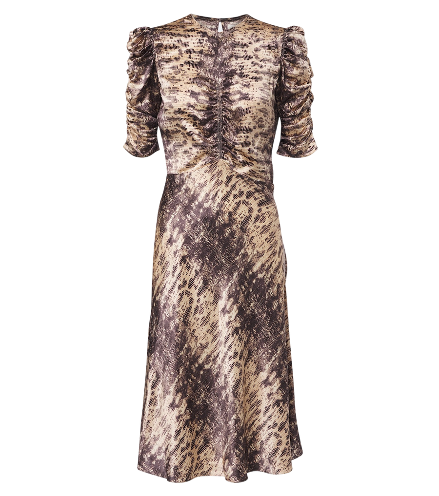 Vestido midi de seda con estampado de serpiente y fruncido Lemila de Isabel Marant
