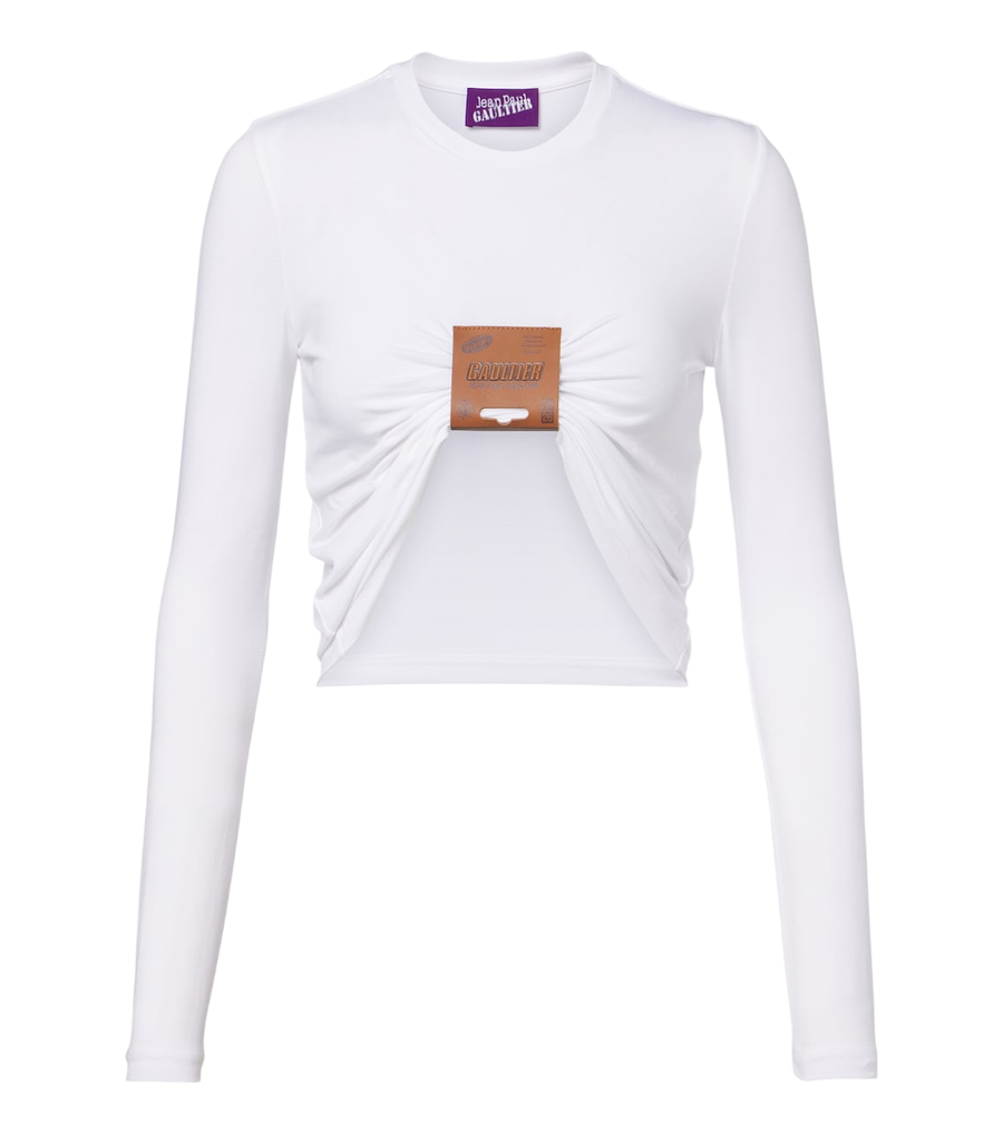 Jean Paul Gaultier Gathered leather-trimmed jersey top