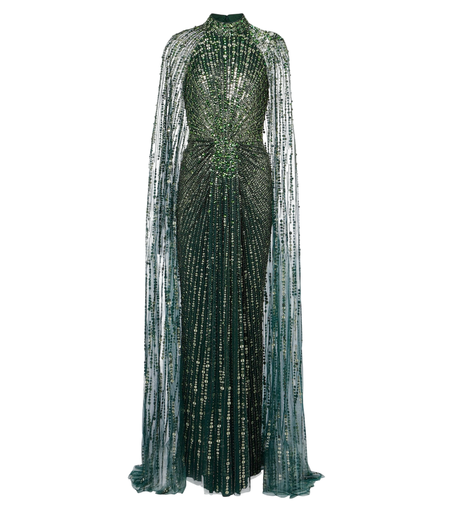 Vestido largo tipo capa con fruncidos y pedrería Cairo de Jenny Packham