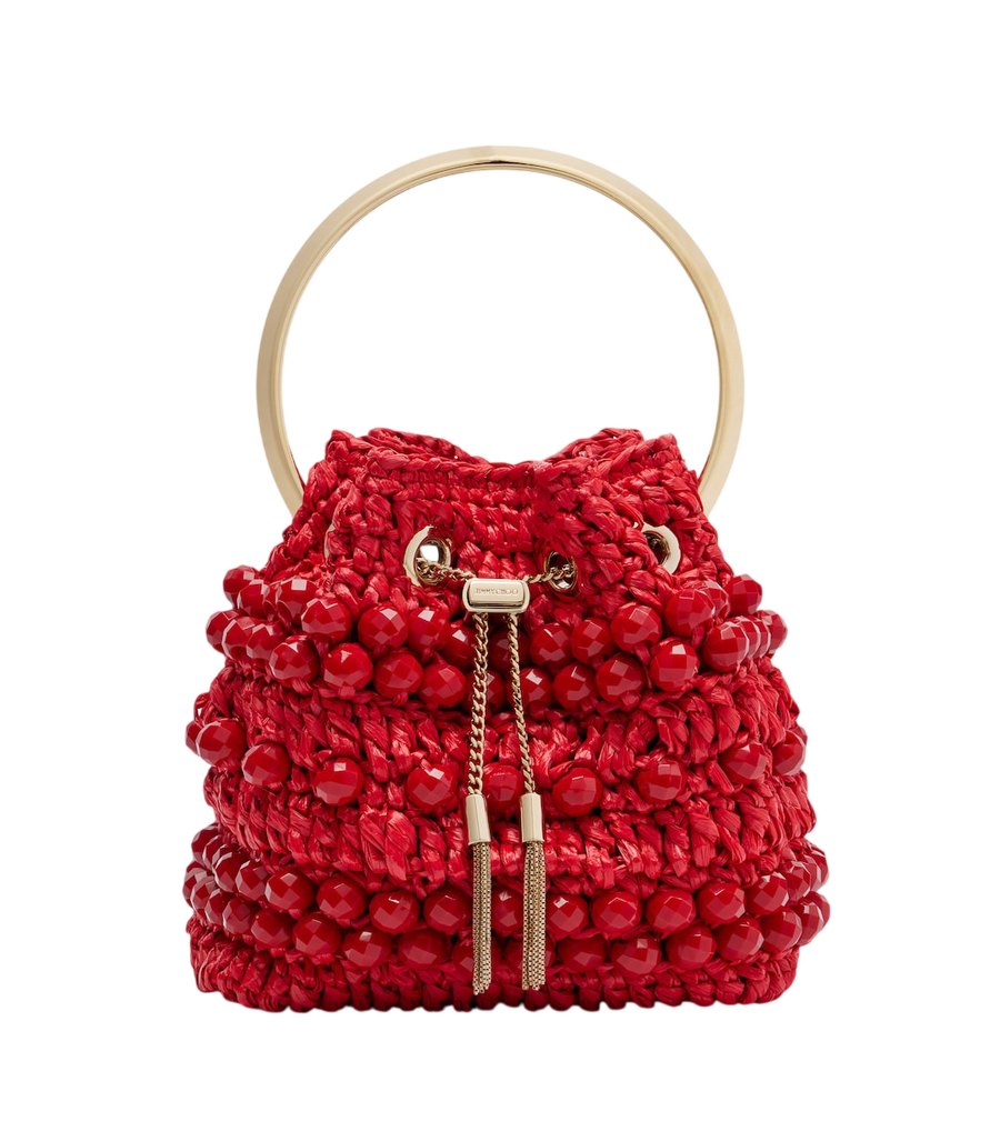 Jimmy Choo Bon Bon beaded raffia bucket bag