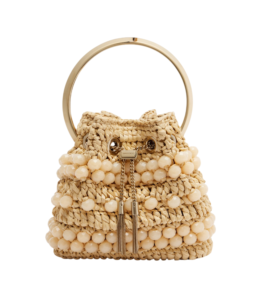 Jimmy Choo Borsa a secchiello in rafia con perline Bon Bon