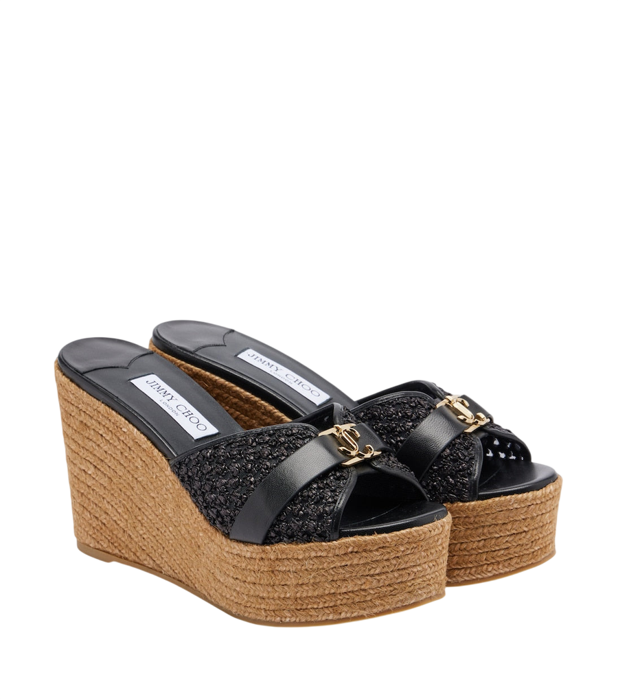 Jimmy Choo Leda leather-trimmed raffia wedge mules