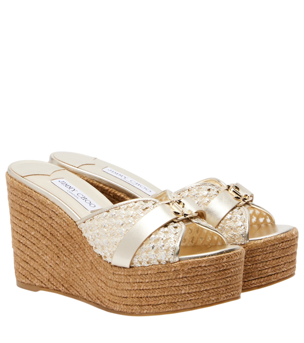 Jimmy Choo Leda raffia-trimmed leather wedge espadrilles