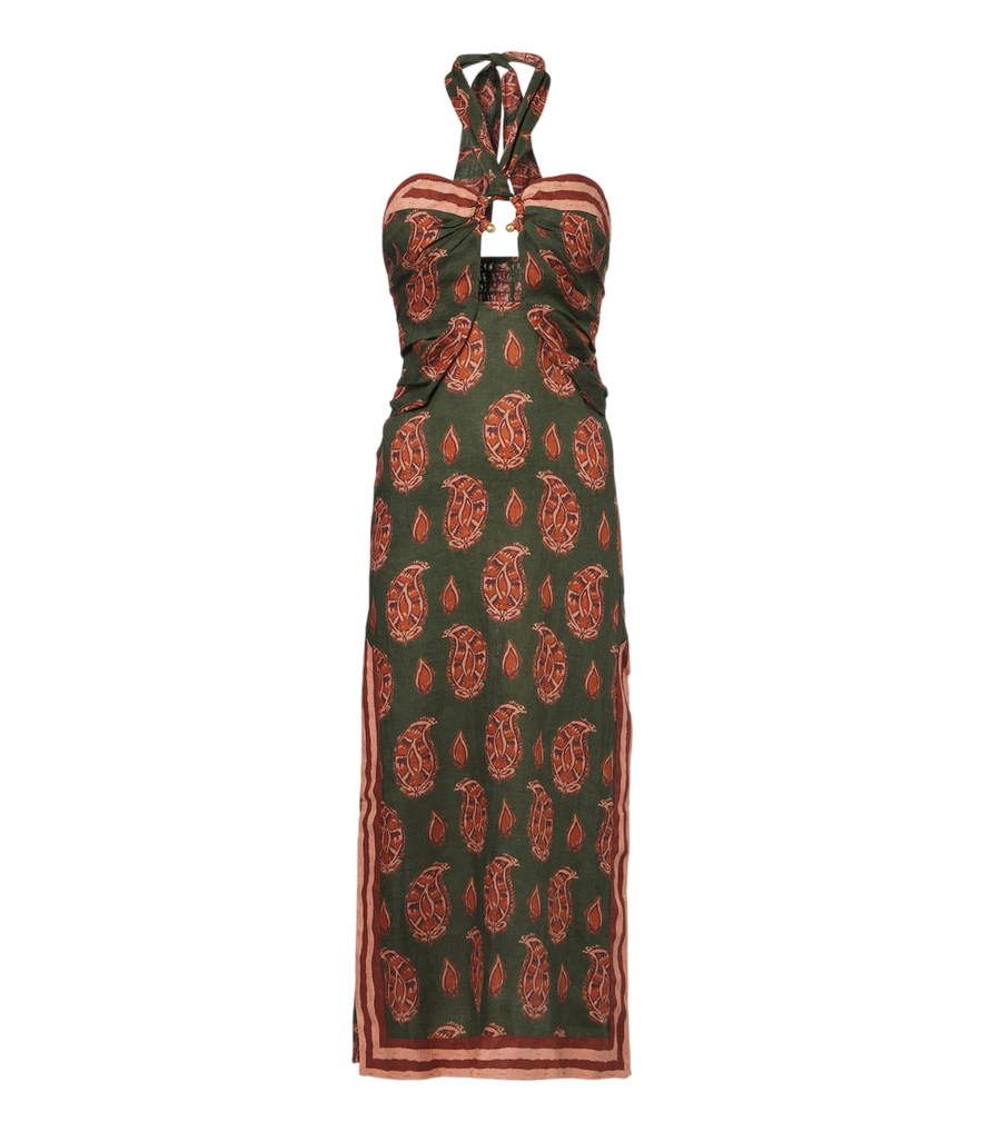 Vestido midi de lino estampado con cuello halter de Johanna Ortiz