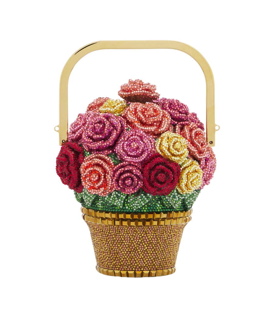 Bolso de mano con asa superior y adornos de cristal en forma de cesta de rosas de Judith Leiber Couture
