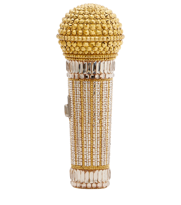 Bolso de mano pequeño Judith Leiber Couture con forma de micrófono y adornado con cristales