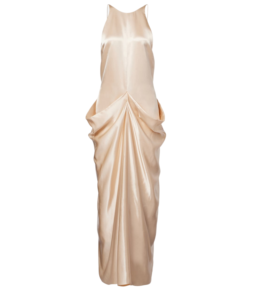 Vestido largo de satén drapeado con fruncidos de Khaite