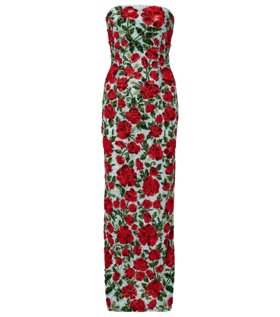 Là Fuori Crimson Rose embellished bustier gown