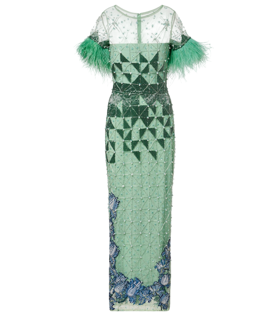 Là Fuori Embellished feather-trimmed gown