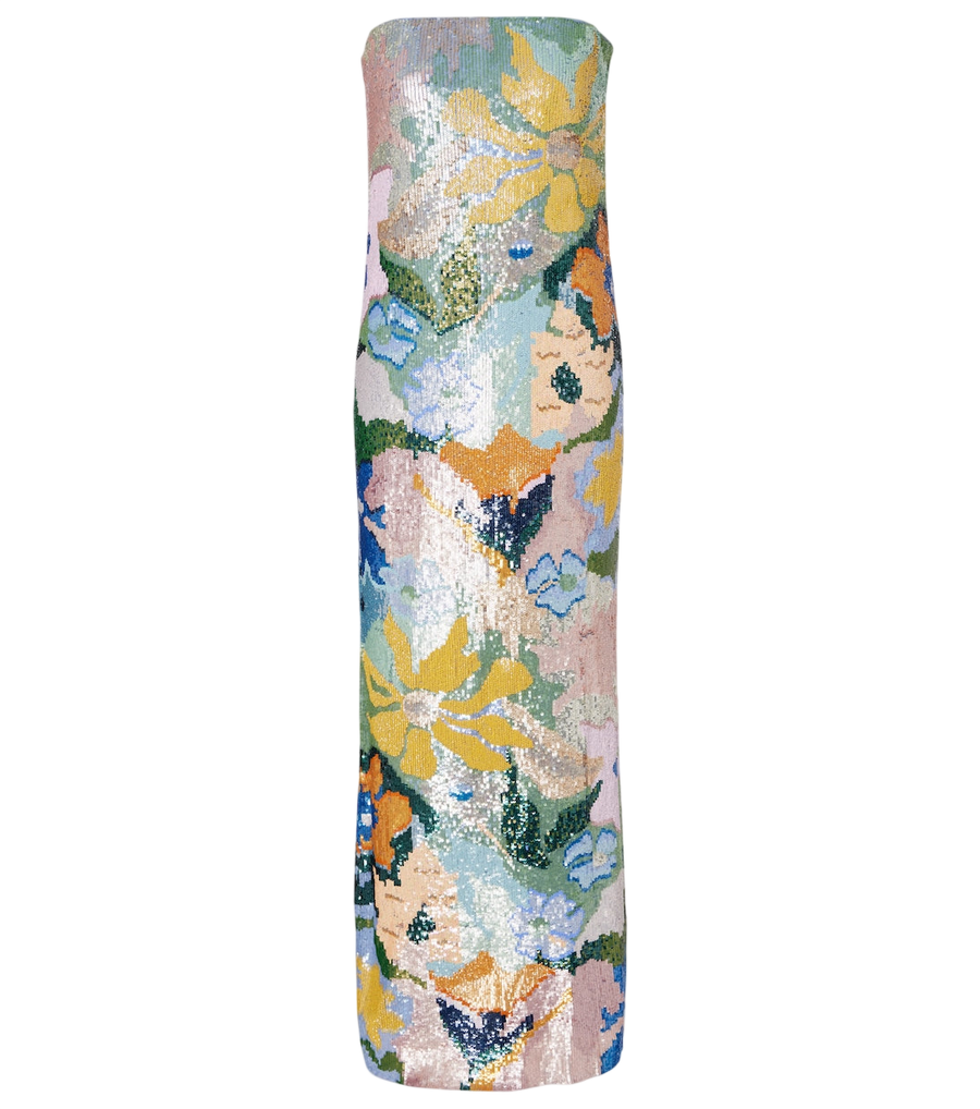 Là Fuori Floral sequined strapless gown