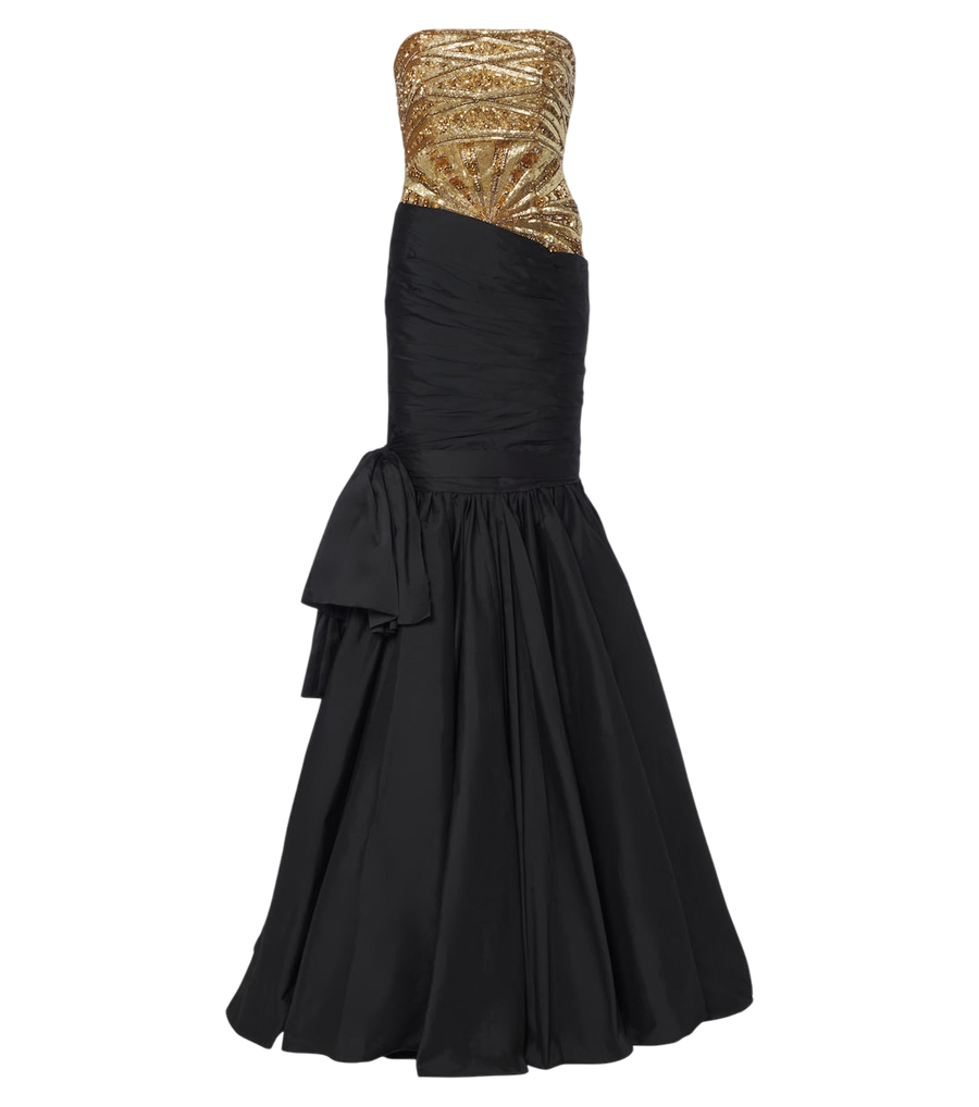 Là Fuori Gilded Geo draped sequined bustier gown