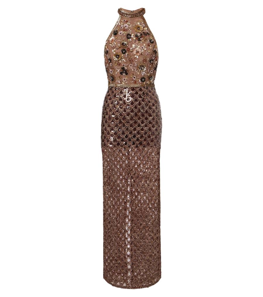 Là Fuori Scales of Gold embellished halterneck gown