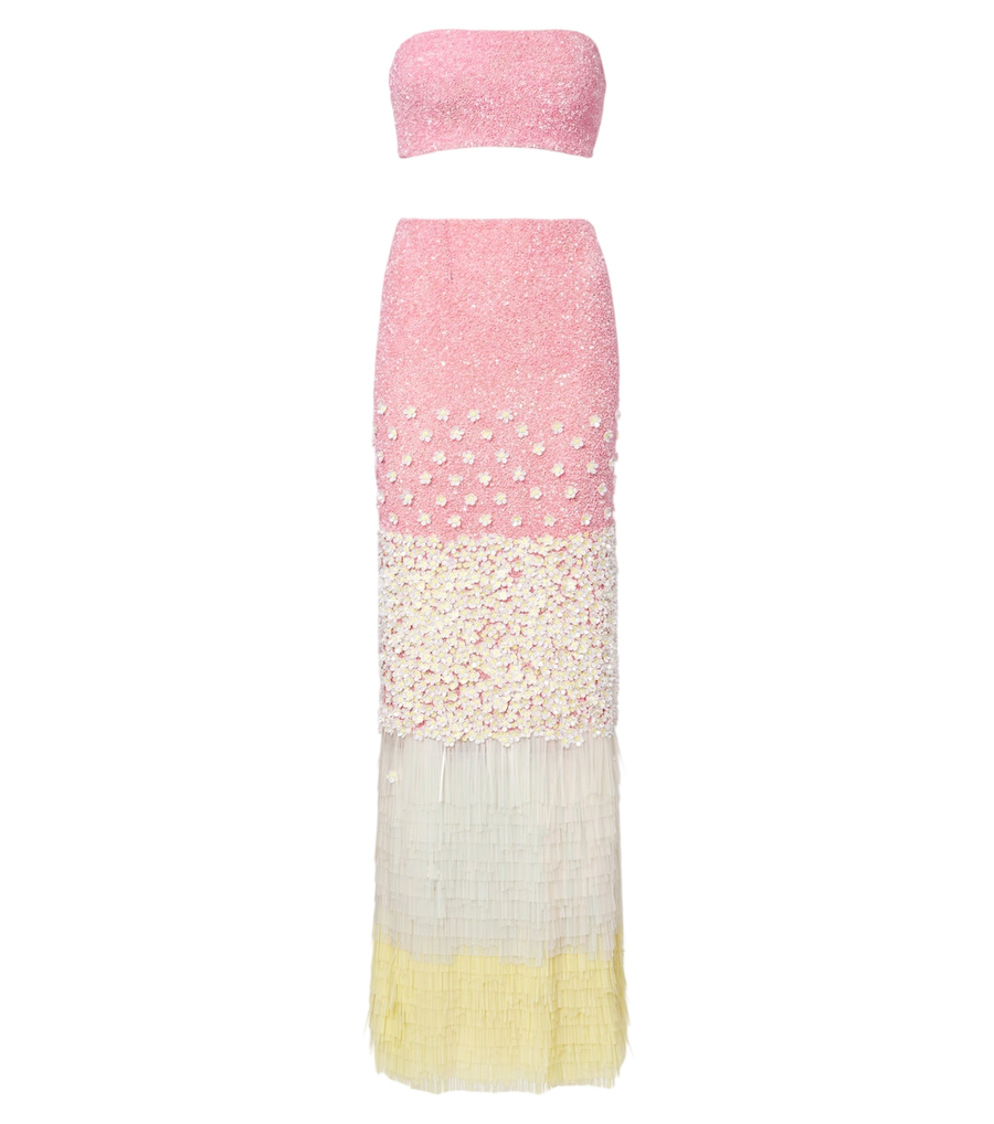 Là Fuori Sunrise Fringe Cascade top and maxi skirt set