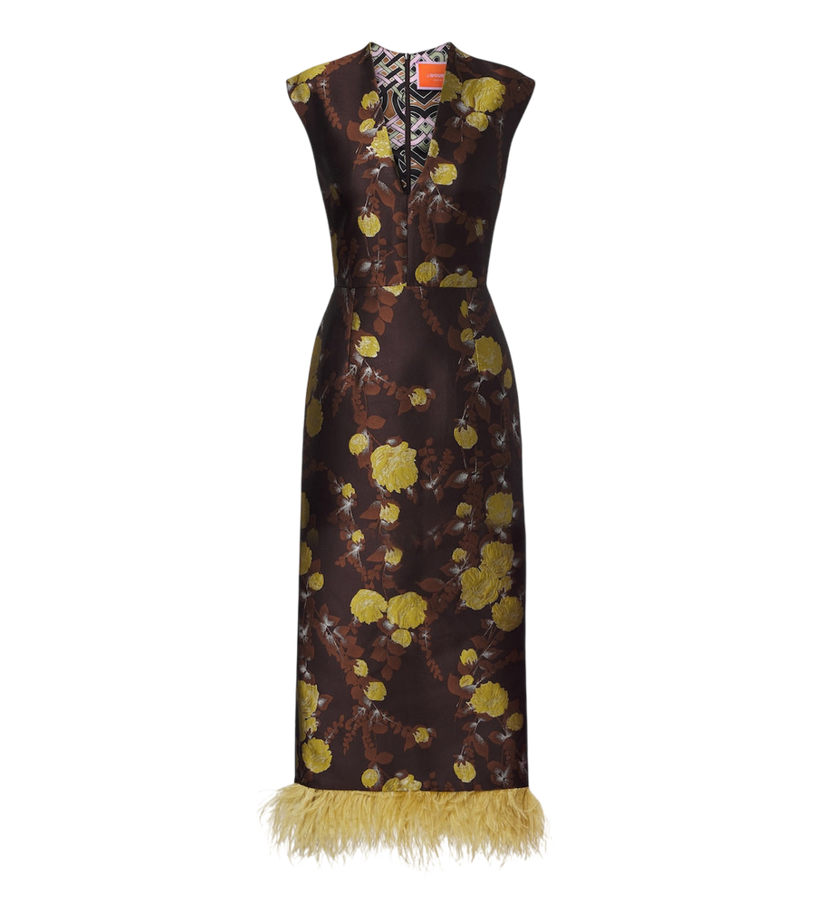 La DoubleJ Devon feather-trimmed jacquard midi dress