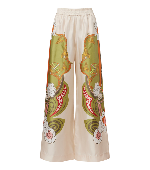 Pantalones palazzo de sarga de seda con estampado floral de La DoubleJ