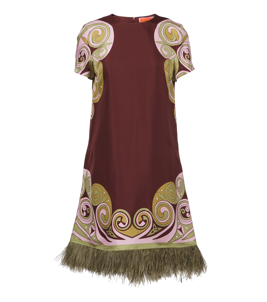 La DoubleJ Minivestido Kells Swirl em seda com remate de penas