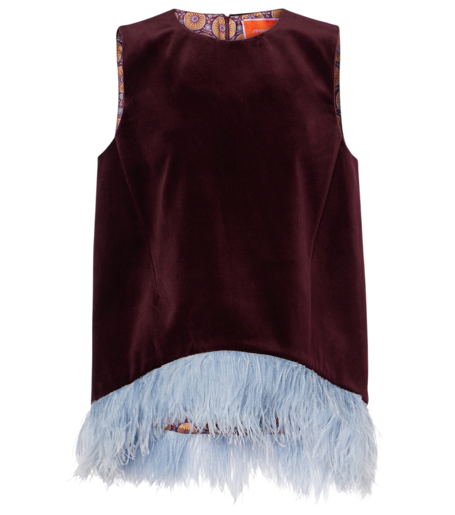 La DoubleJ La Scala feather-trimmed cotton velvet top