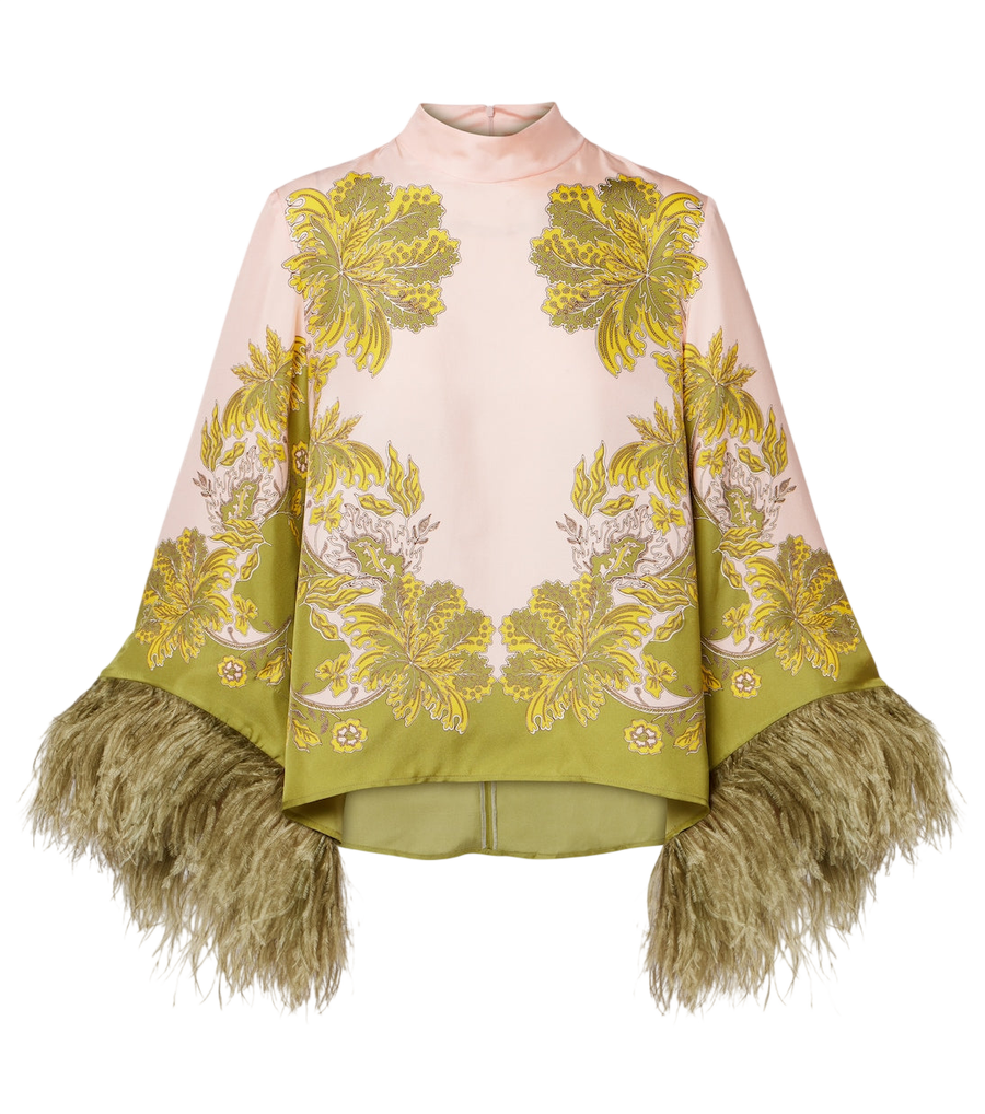 Top de sarga de seda con ribete de plumas Make An Exit de La DoubleJ