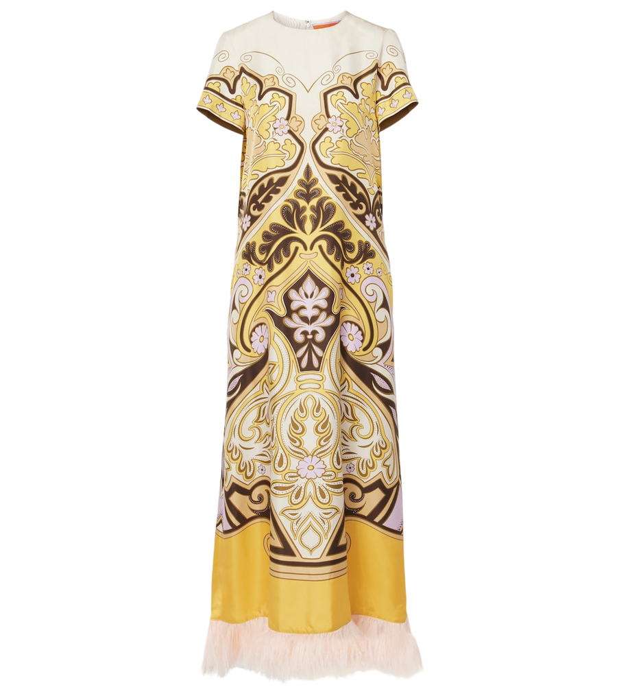 La DoubleJ Printed feather-trimmed silk maxi dress