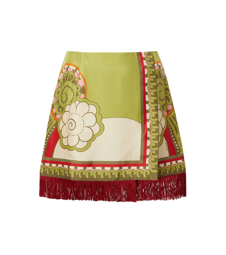 La DoubleJ Printed fringe-trimmed silk miniskirt