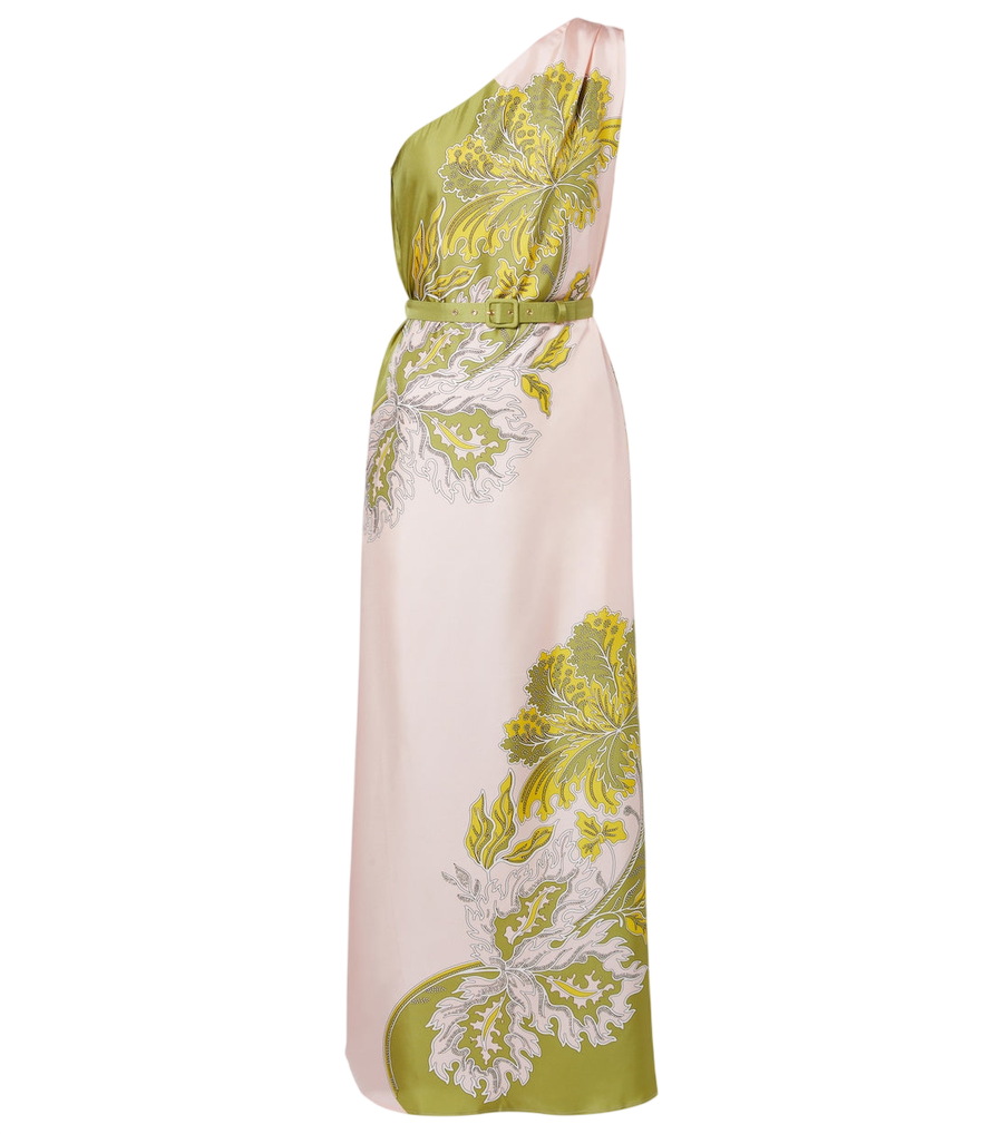 Maxi vestido de sarga de seda con un hombro al descubierto y estampado floral Roy de La DoubleJ
