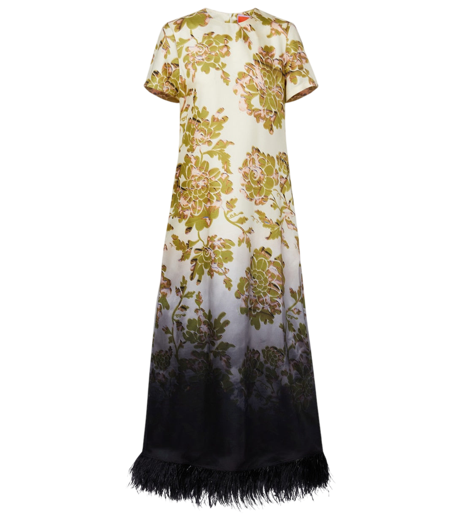 Vestido largo de sarga de seda floral con ribete de plumas Swing de La DoubleJ