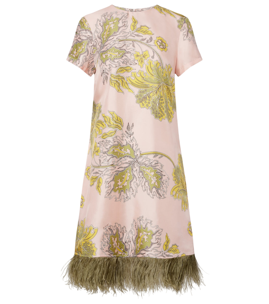 La DoubleJ Minivestido Swing em sarja de seda floral com remates de penas