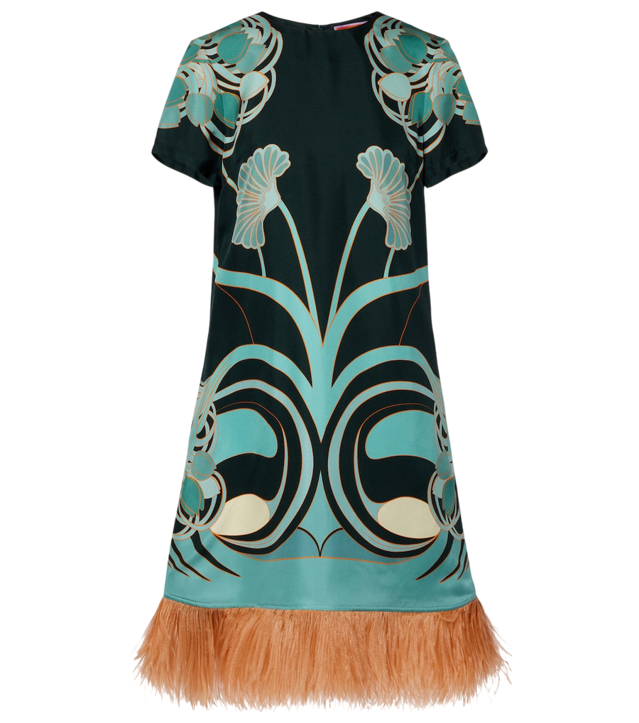 La DoubleJ Swing feather-trimmed floral silk twill minidress
