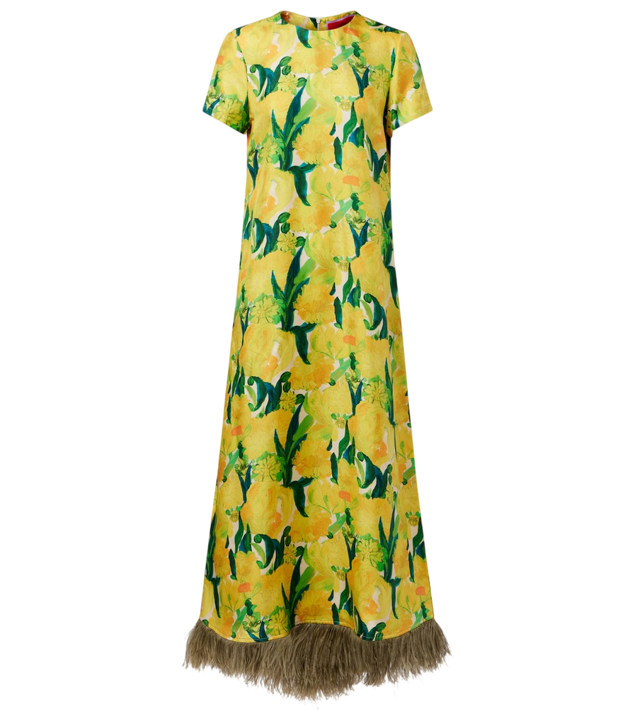La robe longue en soie DoubleJ Swing à bordure de plumes