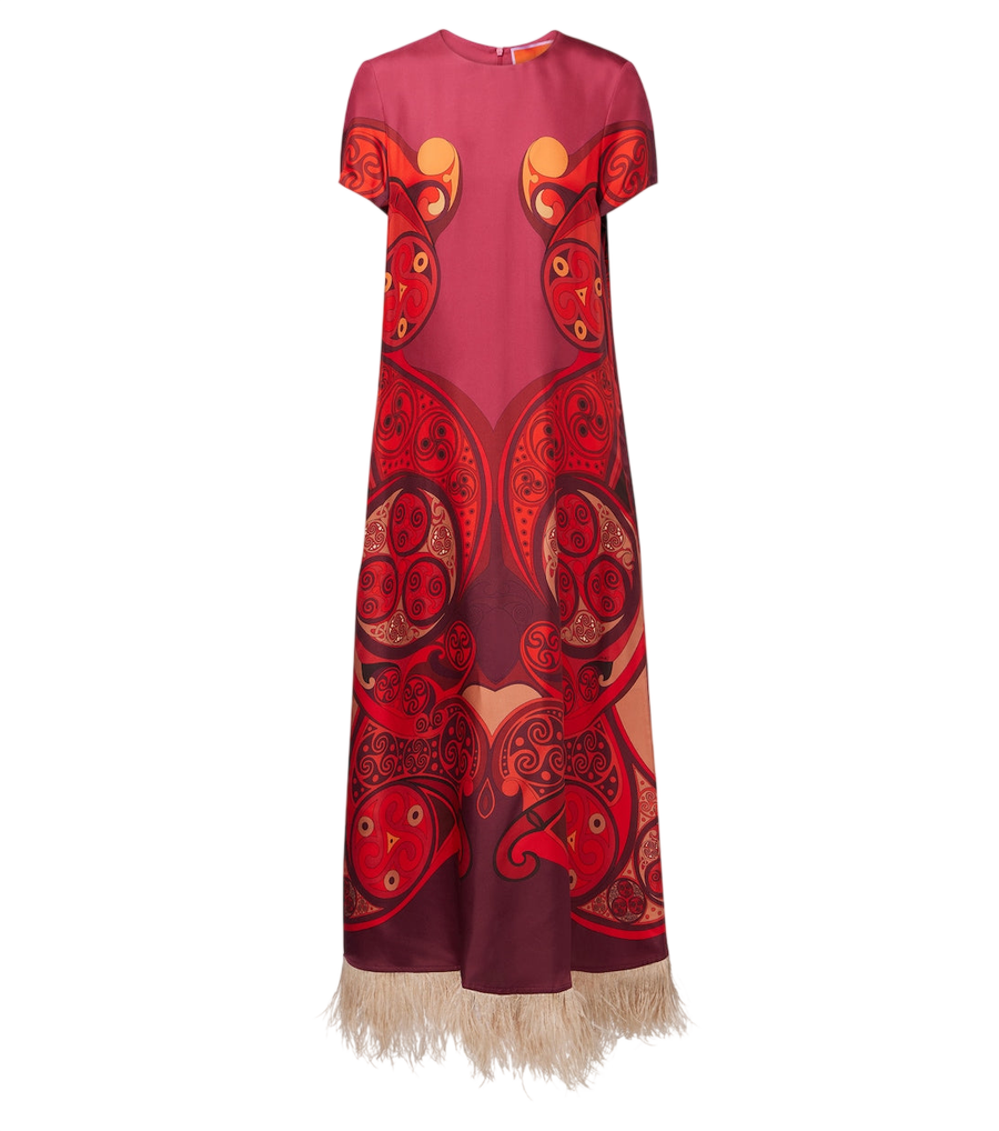 Maxi vestido de sarga de seda estampado con flecos Swing de La DoubleJ