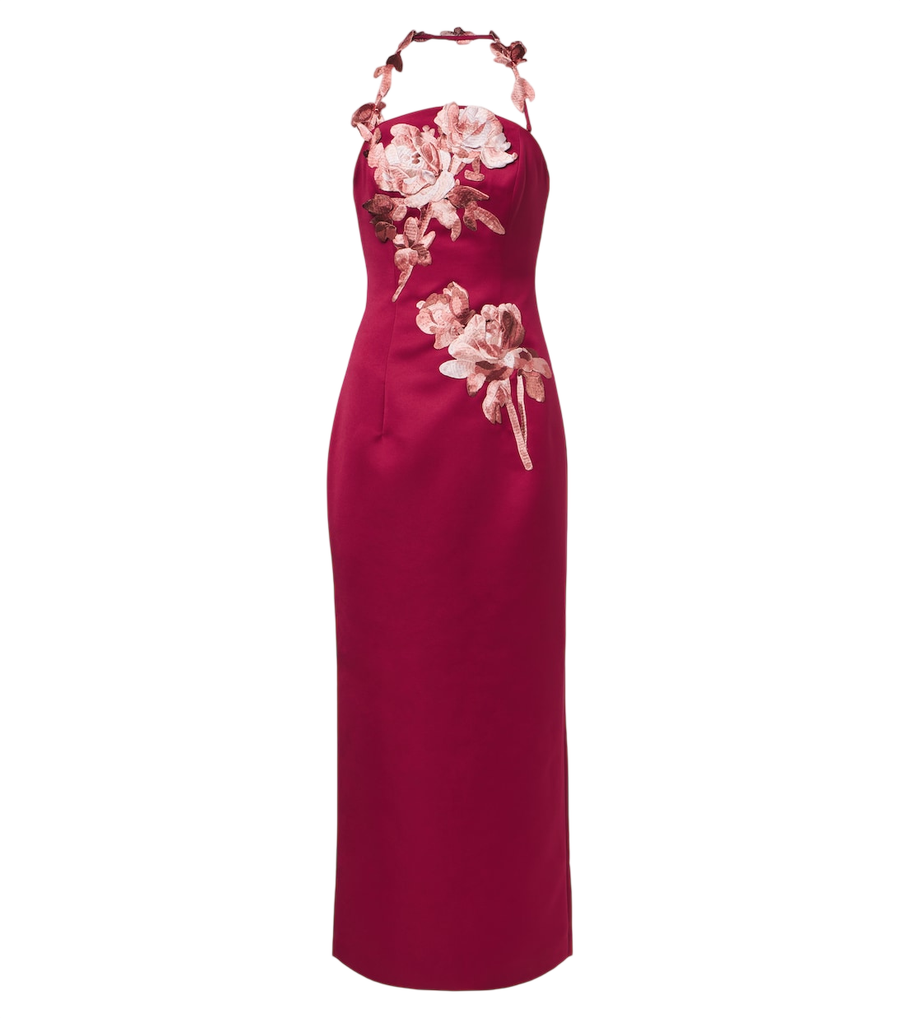 Vestido bustier de satén con aplicaciones florales de Leo Lin Ava