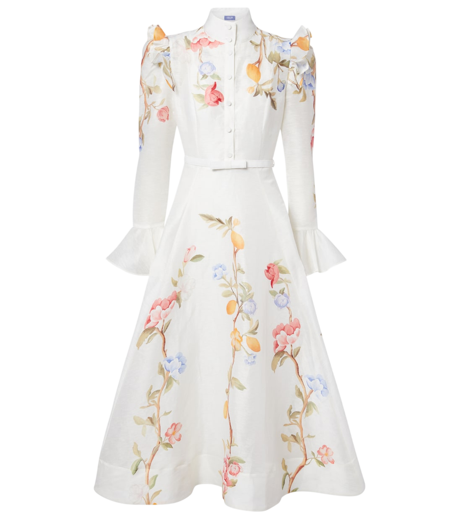 Leo Lin Vestido midi Selina em mistura de linho floral com folhos