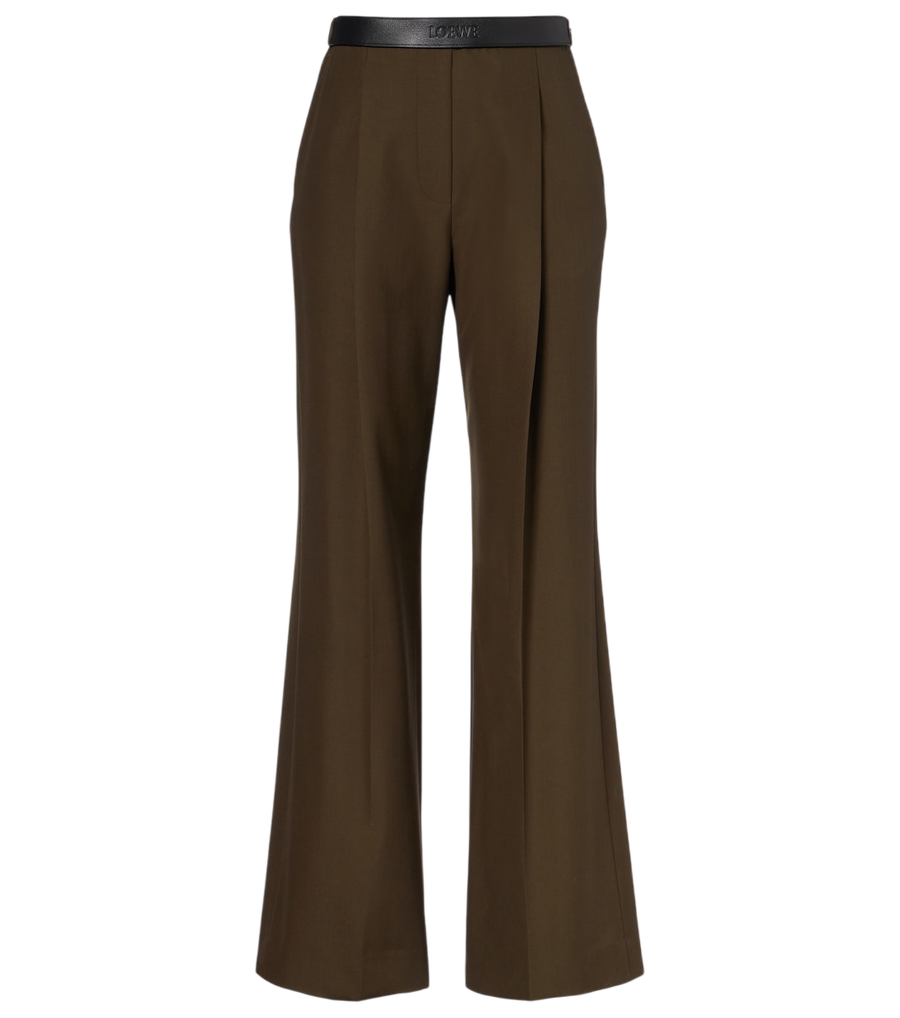 Loewe Leather-trimmed pleated wool flared pants