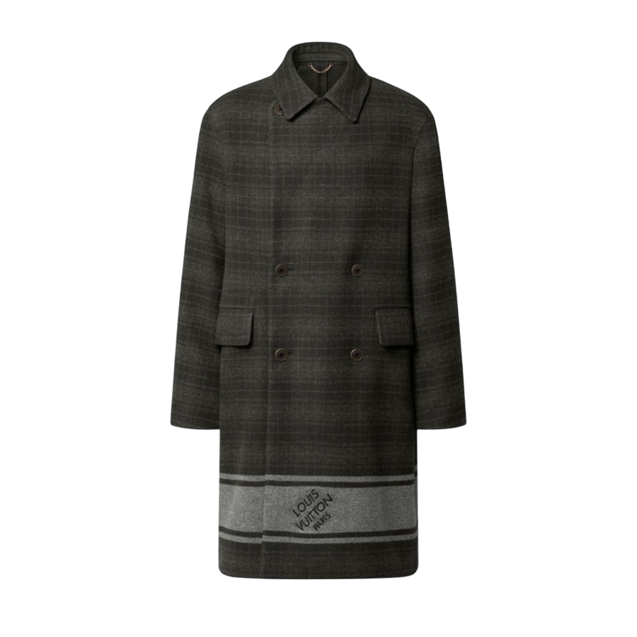 Louis Vuitton Damier Plaid Double-Breasted Coat — Heathered Khaki Gray