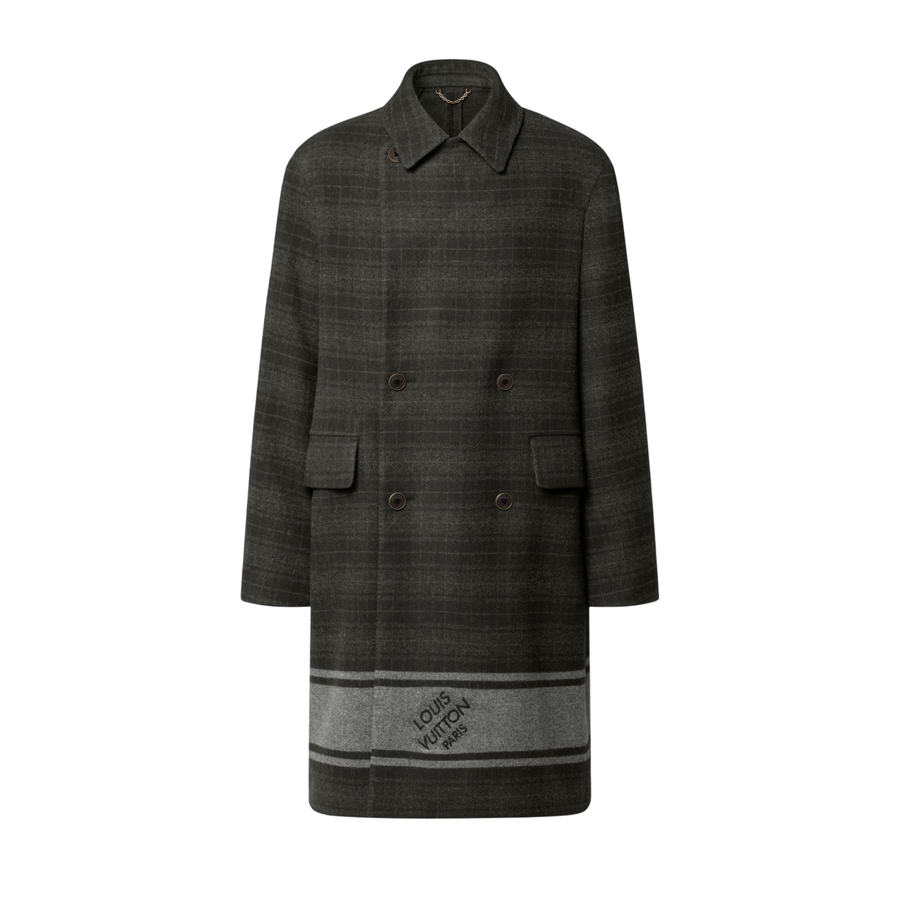 Louis Vuitton Damier Plaid Double-Breasted Coat — Heathered Khaki Gray
