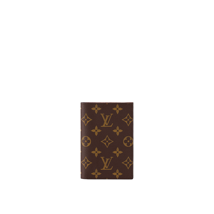 Louis Vuitton  passport cover  with gold monogram pattern on a white background