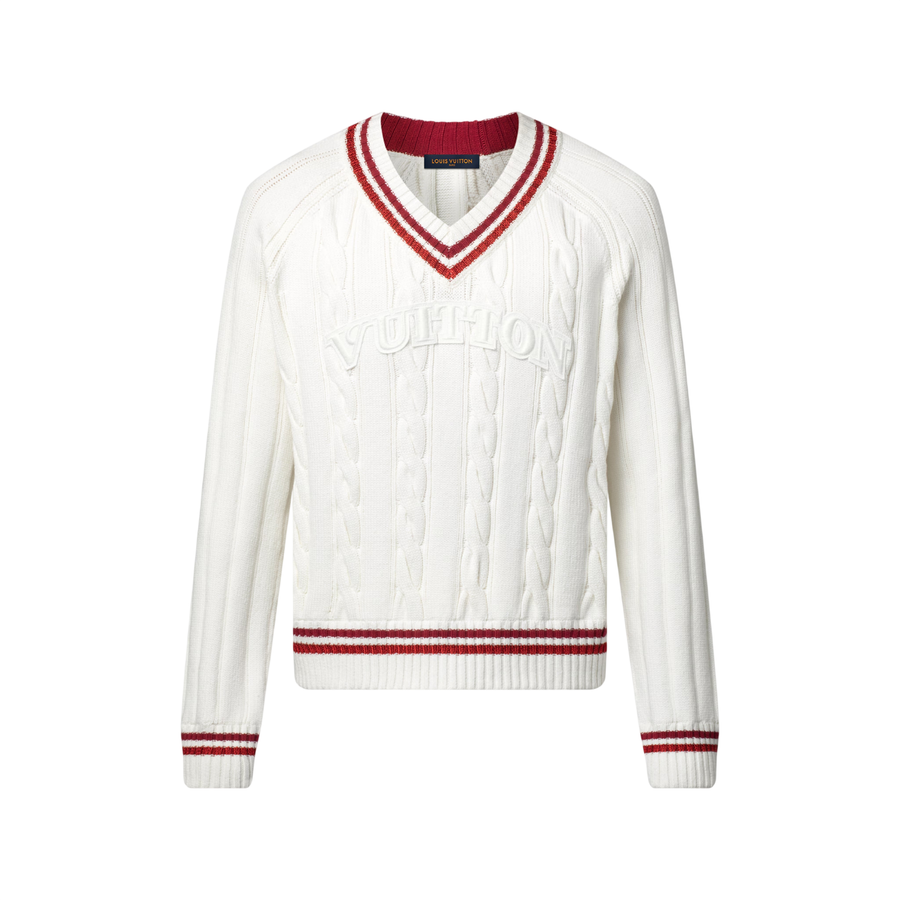 Louis Vuitton Pulôver Preppy com Decote em V e Tranças — Branco Leitoso