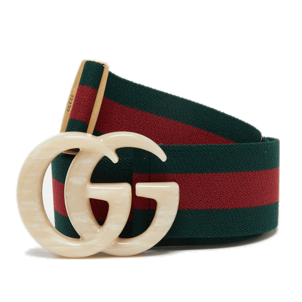 Gucci Green Web Elastic Fabric Marble Effect Double G Buckle Belt