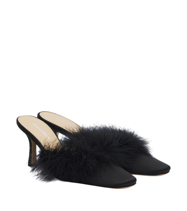 Mach & Mach Carolyn feather-trimmed satin mules
