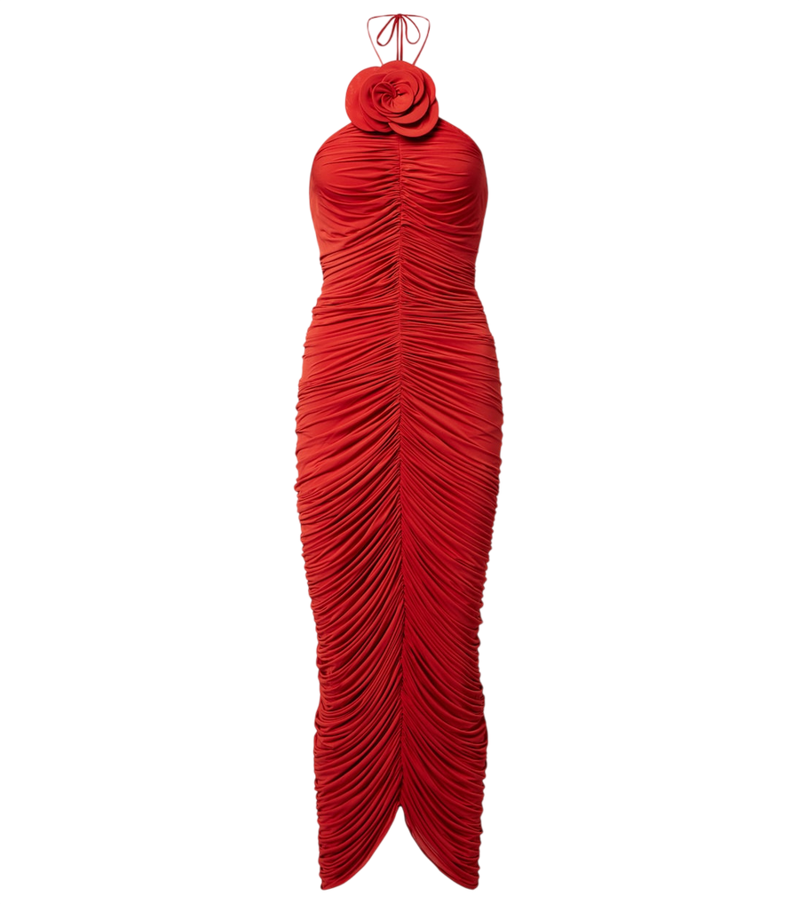 Vestido midi de punto fruncido con apliques florales de Magda Butrym