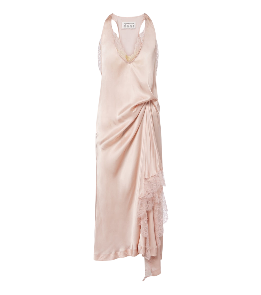 Maison Margiela Vestido de alças em cetim franzido com acabamentos em renda