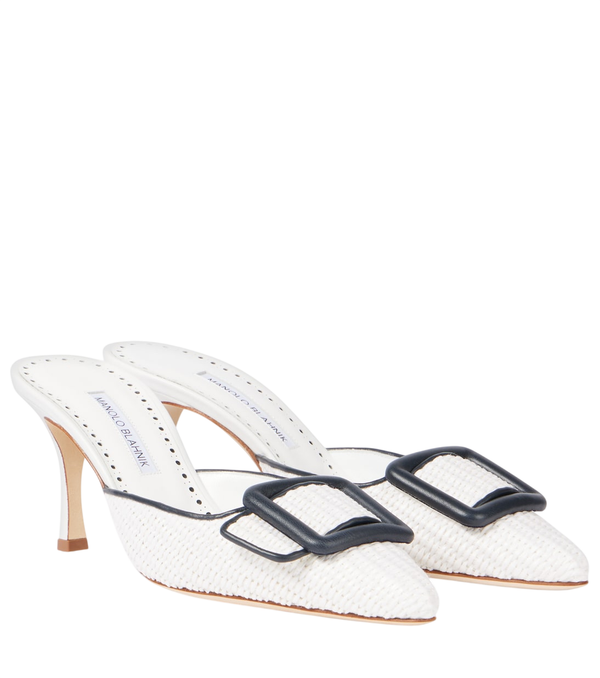 Manolo Blahnik Maysale 70 leather-trimmed raffia mules