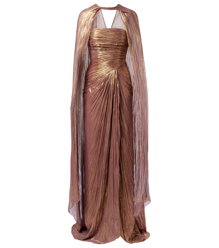 Conjunto de vestido tipo bustier y capa de tafetán plisado de Marmar Halim