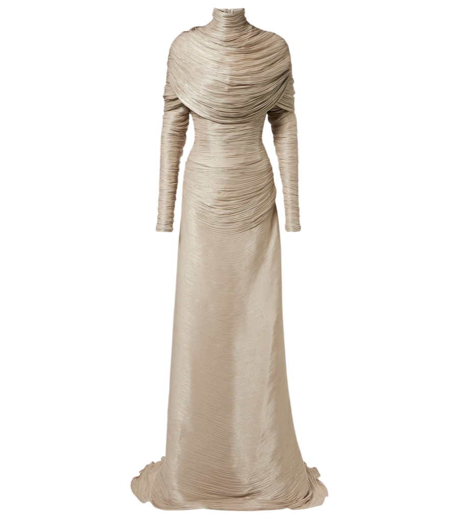 Vestido largo Marmar Halim de tafetán plisado con cuello alto
