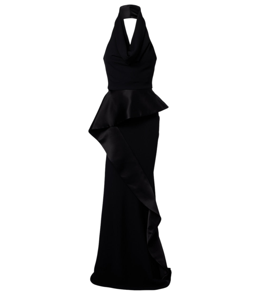 Robe longue en satin Maticevski Provocateur à col licou et bas peplum