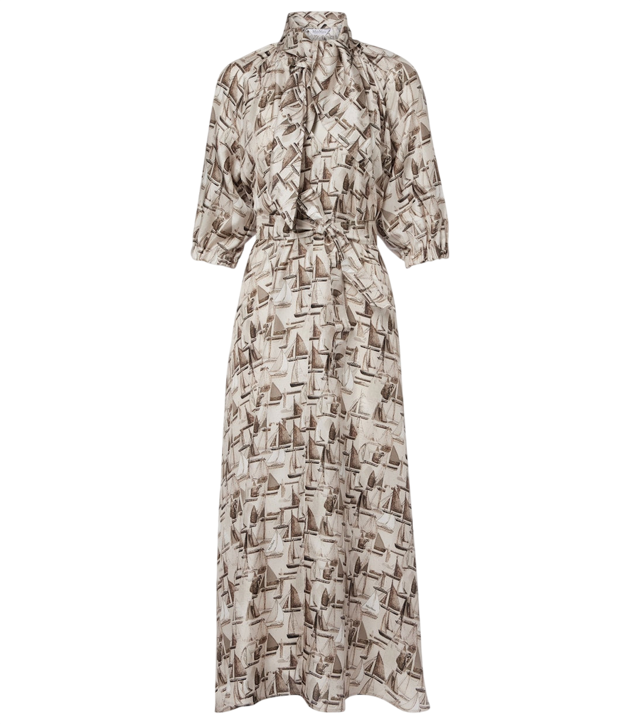Max Mara Abito midi stampato in twill di seta con collo da annodare