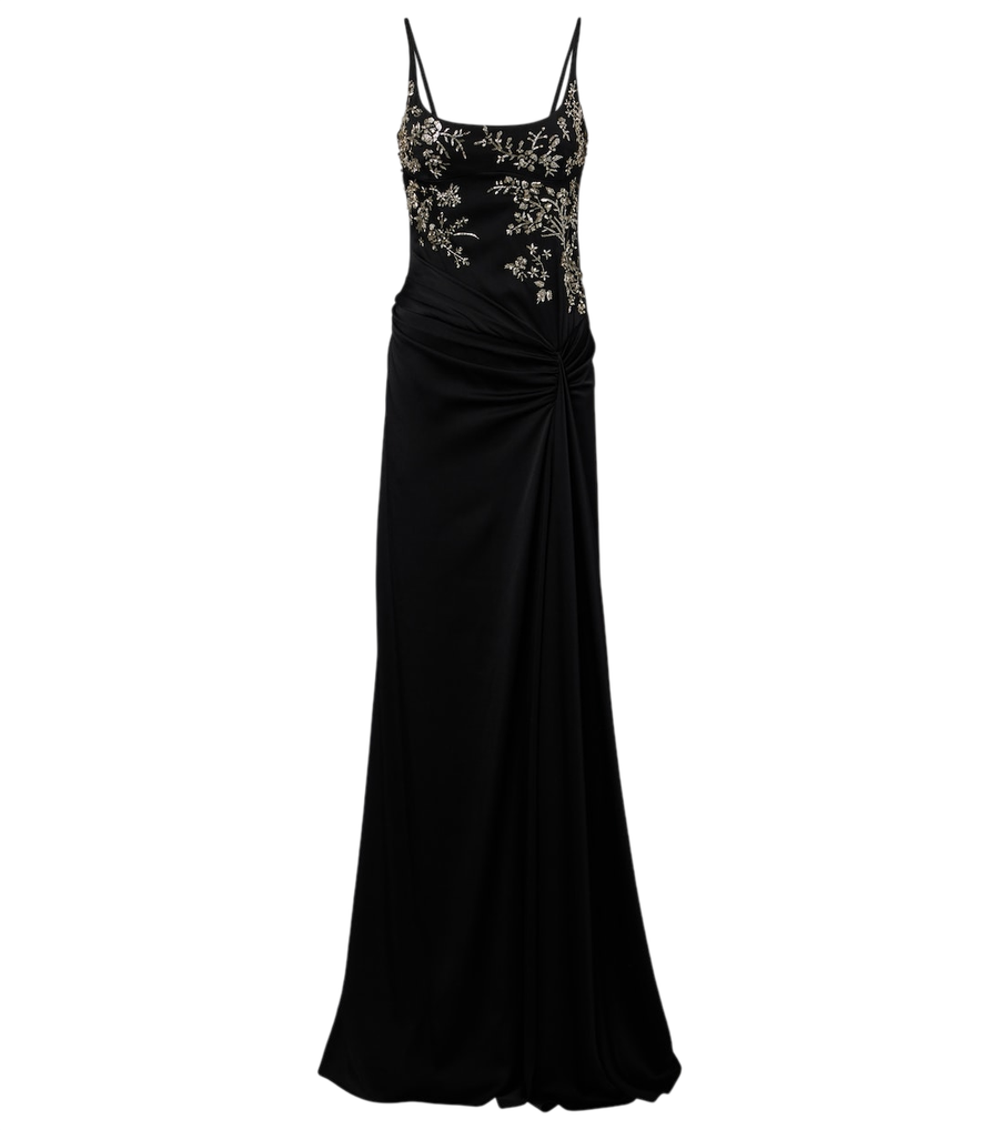 Robe longue en satin envers crêpe drapé et ornementé McQueen