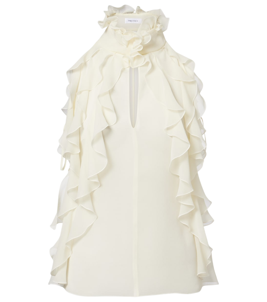 Top de georgette de seda con volantes y aberturas de McQueen