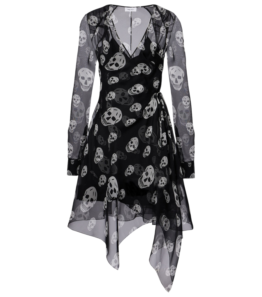 Vestido cruzado asimétrico de seda de gasa con calavera McQueen