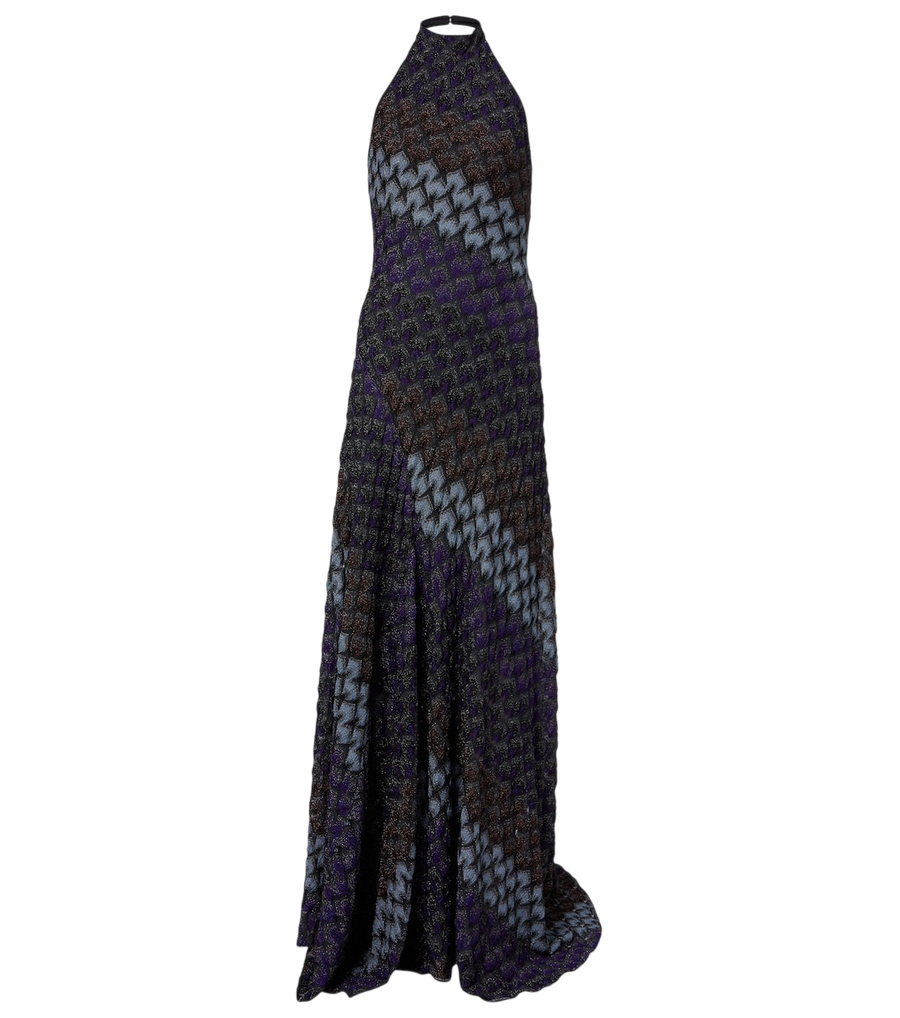Vestido largo de punto metalizado con cuello halter de Missoni